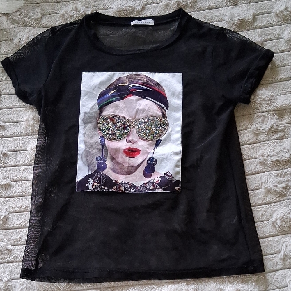 Occasion Black and White Graphic Tee with Rhinestones Crew Neck
